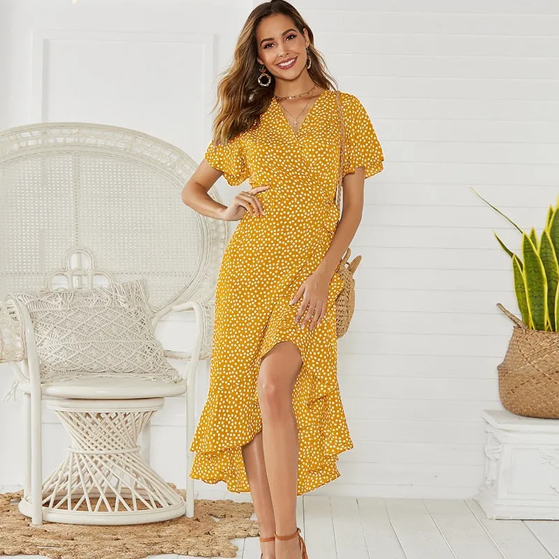 Summer Floral Print Boho Long Ruffles Wrap Casual V-Neck Split Sexy Party Robe Beach Maxi Dress