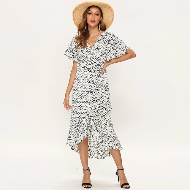 Summer Floral Print Boho Long Ruffles Wrap Casual V-Neck Split Sexy Party Robe Beach Maxi Dress