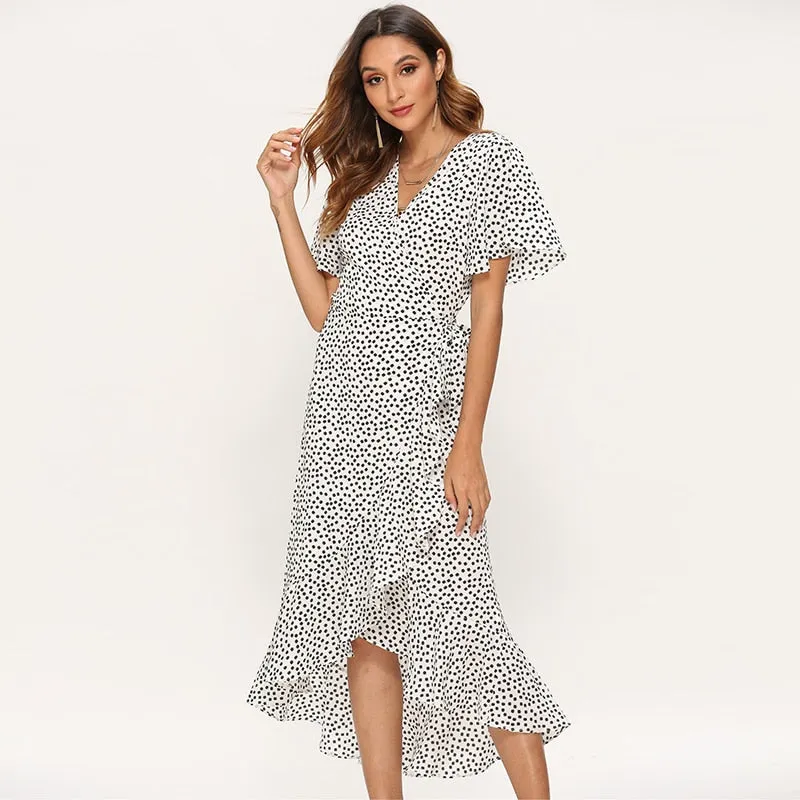 Summer Floral Print Boho Long Ruffles Wrap Casual V-Neck Split Sexy Party Robe Beach Maxi Dress