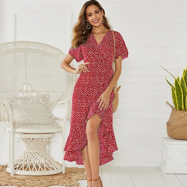 Summer Floral Print Boho Long Ruffles Wrap Casual V-Neck Split Sexy Party Robe Beach Maxi Dress