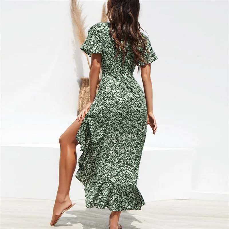 Summer Floral Print Boho Long Ruffles Wrap Casual V-Neck Split Sexy Party Robe Beach Maxi Dress