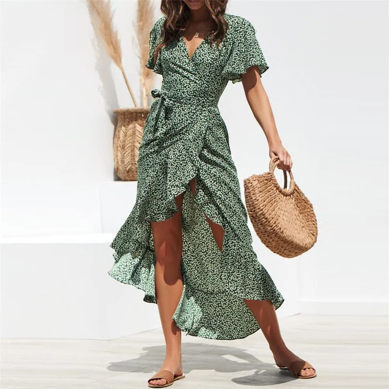 Summer Floral Print Boho Long Ruffles Wrap Casual V-Neck Split Sexy Party Robe Beach Maxi Dress