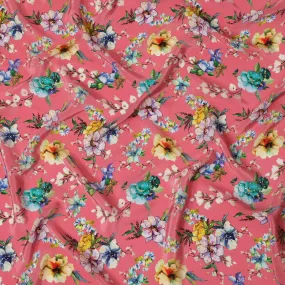 Synthetic Crepe Fabric with Stone Work - Multicolor Floral Bouquet on Coral Pink, 110 cm Width-D20651