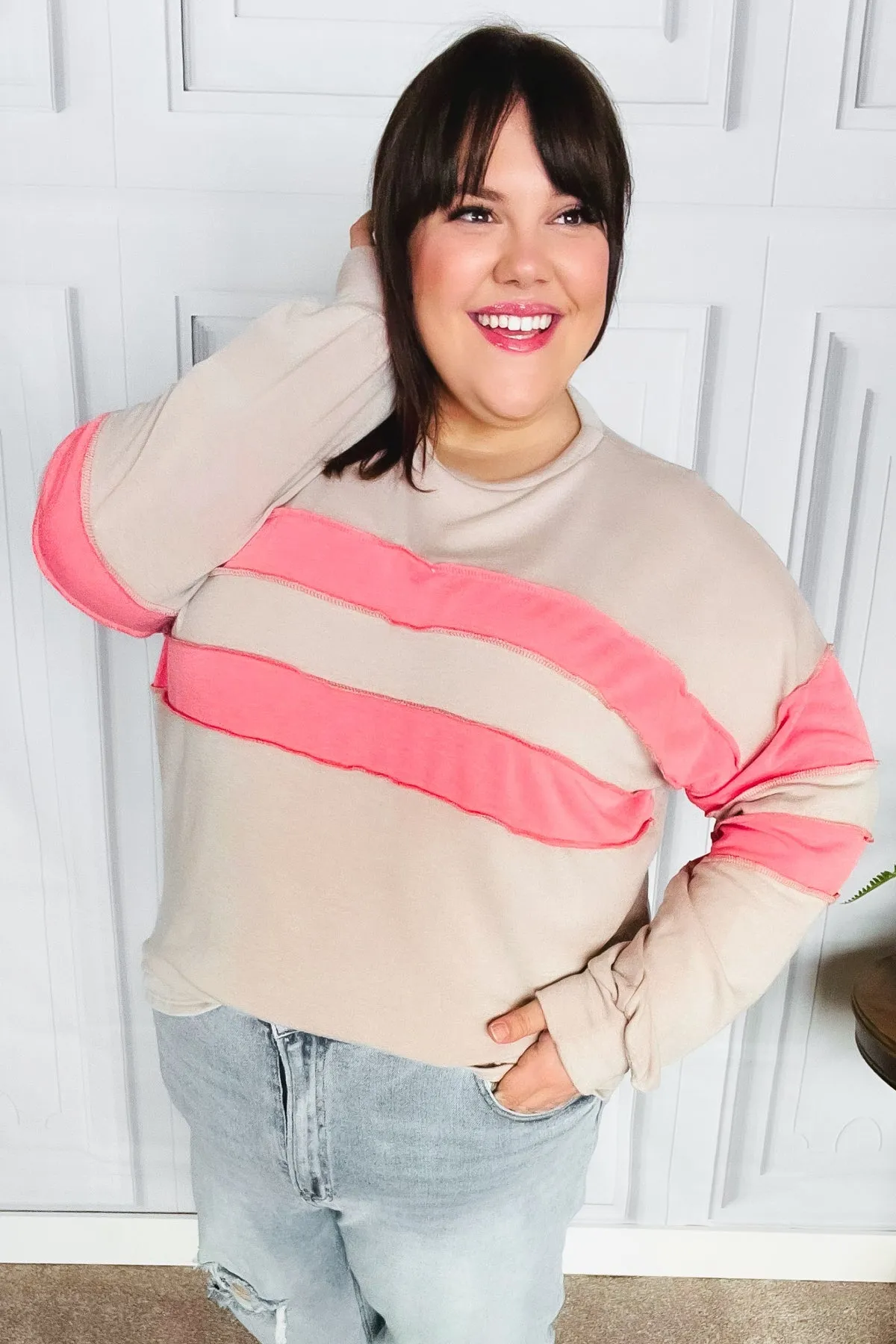 Taupe & Coral Game Day Stripe Outseam Terry Top