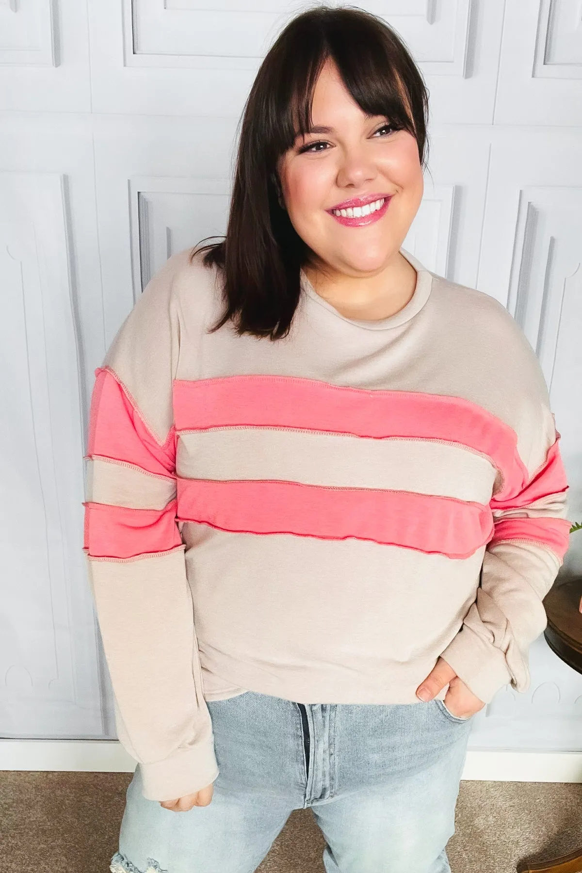 Taupe & Coral Game Day Stripe Outseam Terry Top