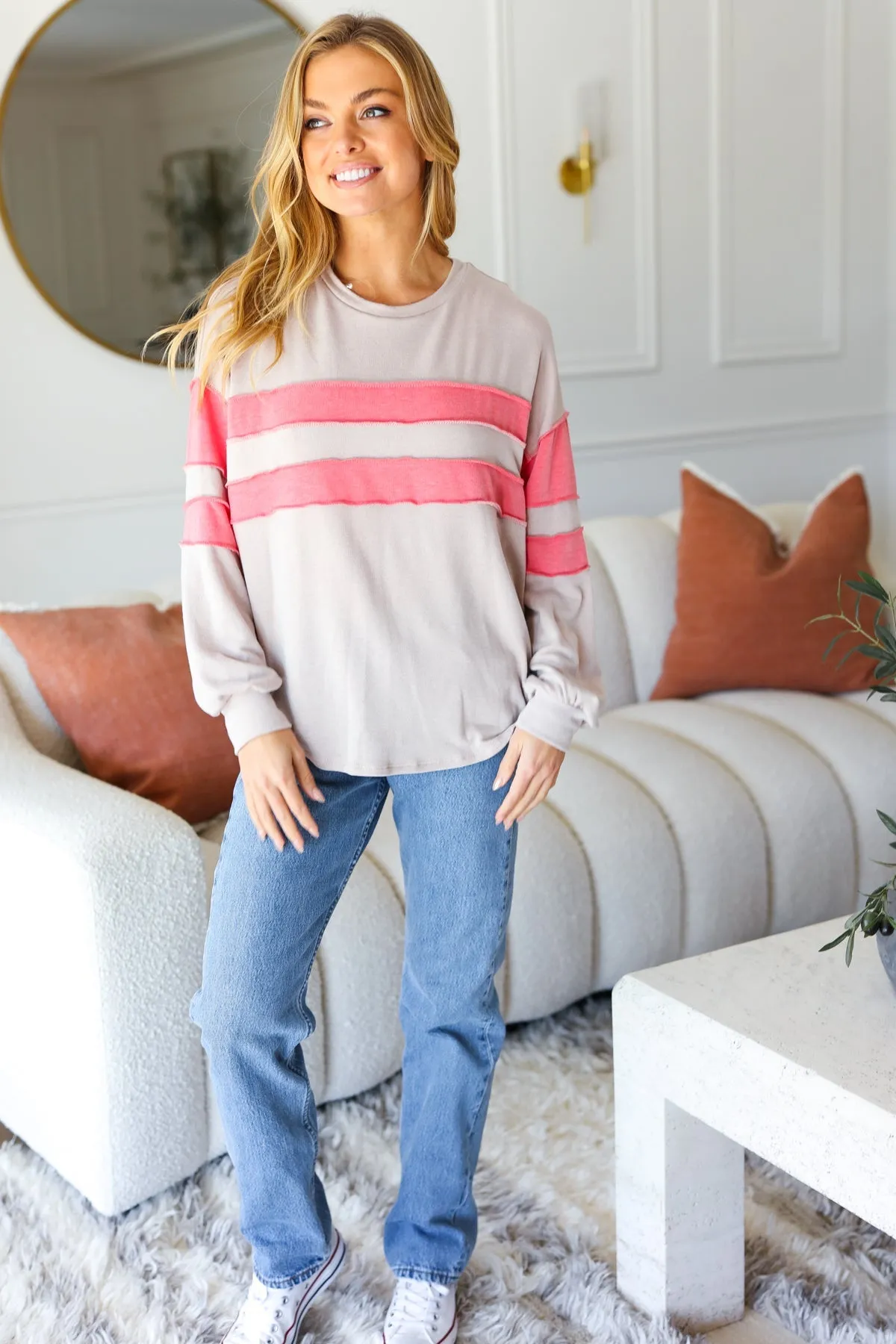 Taupe & Coral Game Day Stripe Outseam Terry Top