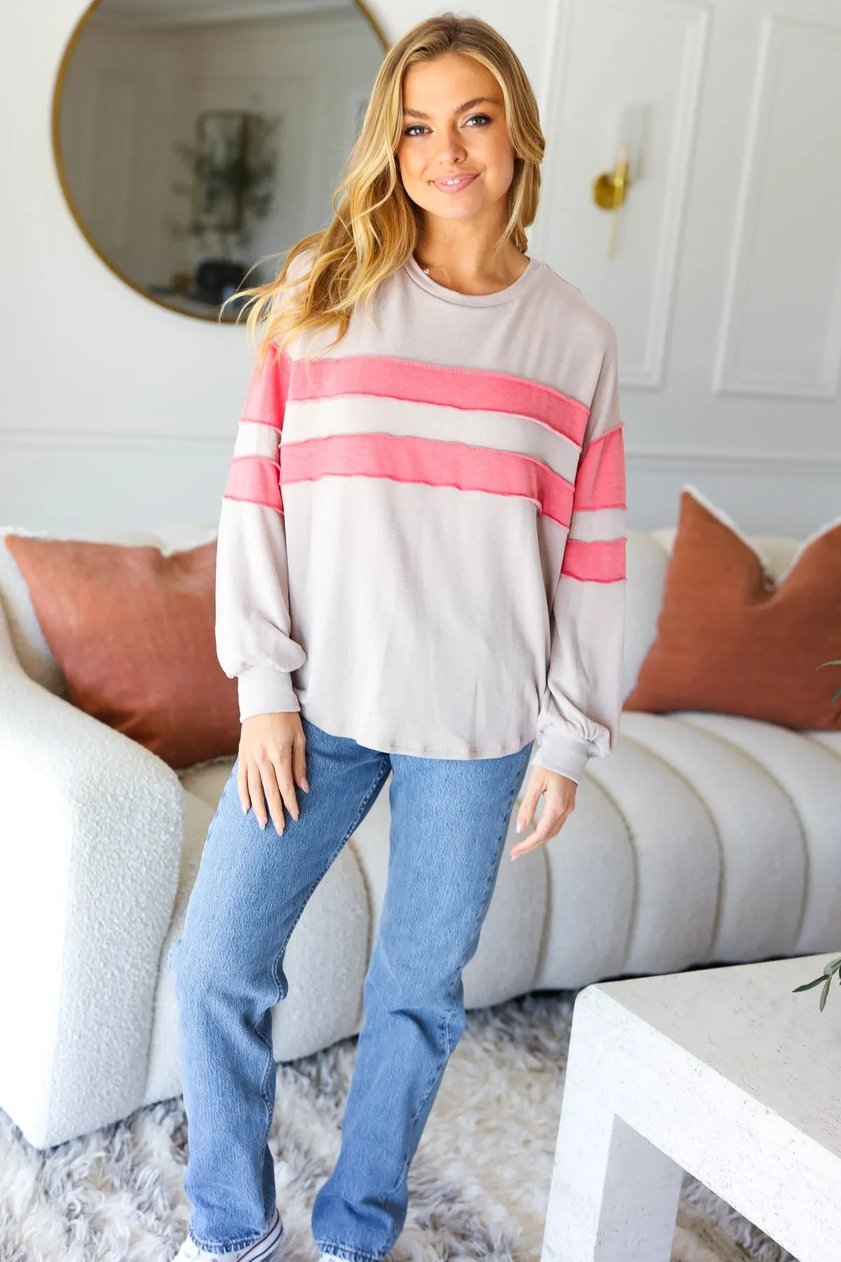 Taupe & Coral Game Day Stripe Outseam Terry Top