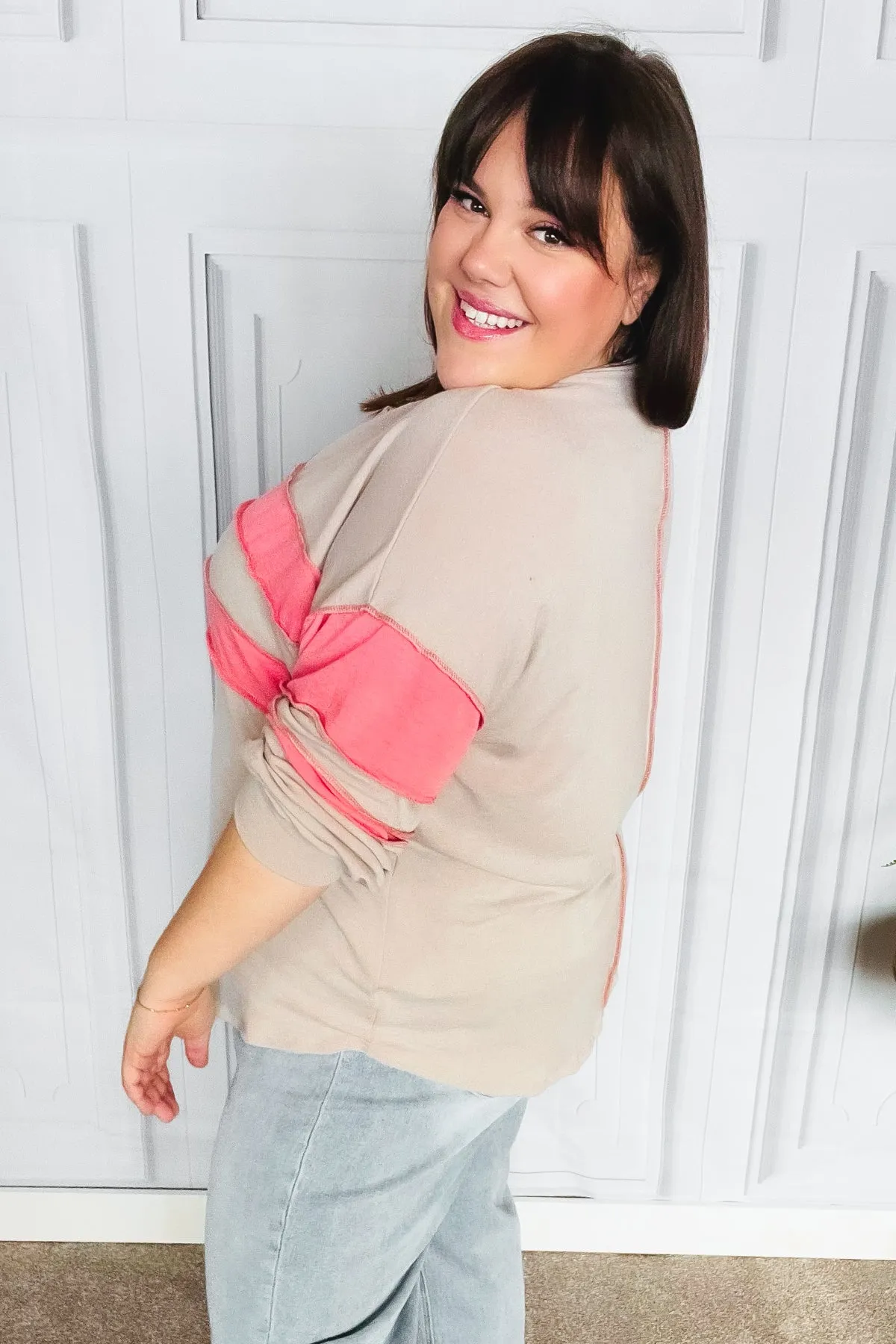 Taupe & Coral Game Day Stripe Outseam Terry Top