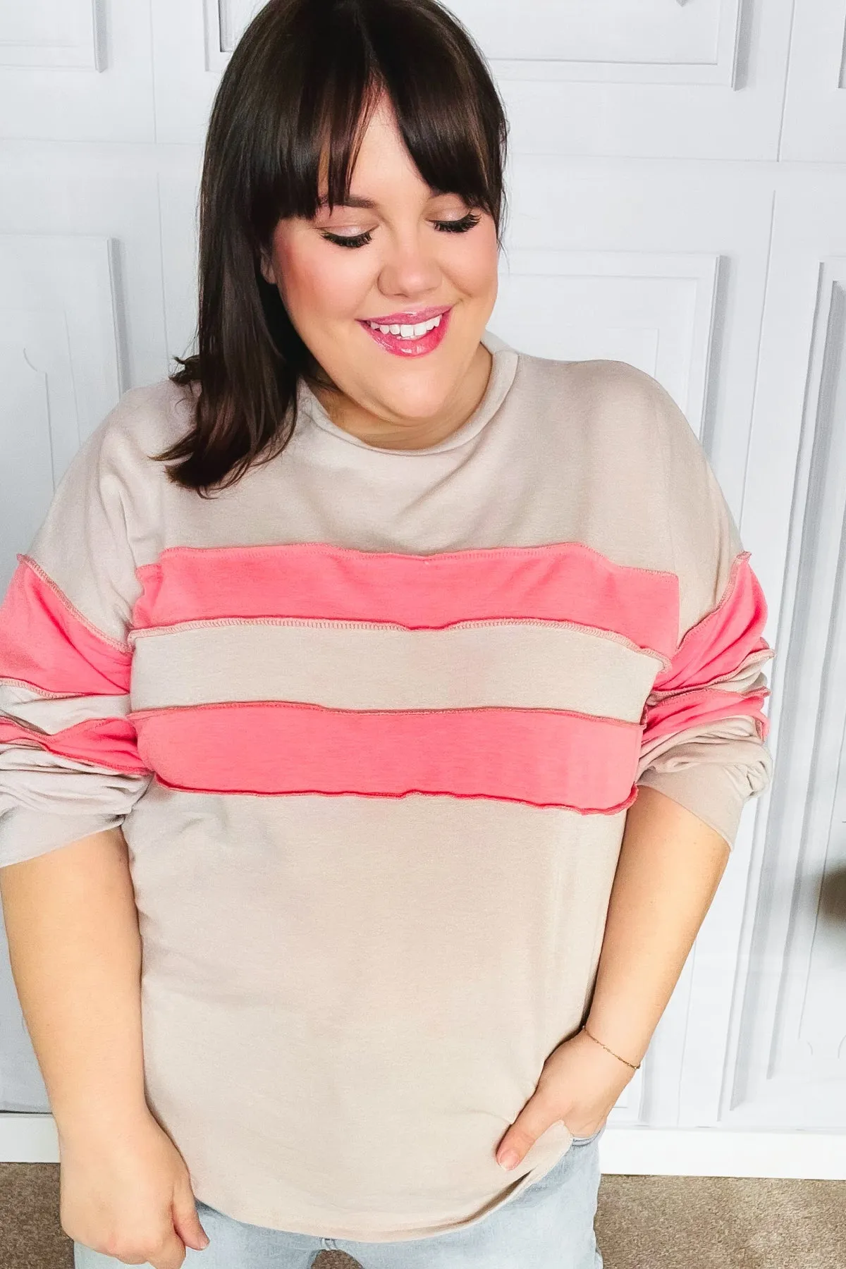 Taupe & Coral Game Day Stripe Outseam Terry Top