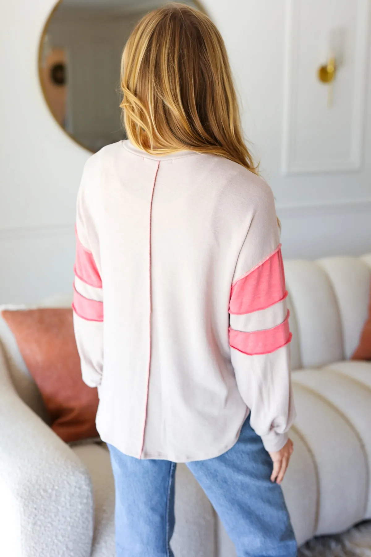 Taupe & Coral Game Day Stripe Outseam Terry Top