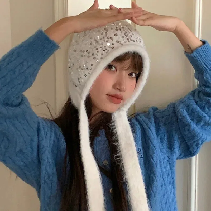 TAVIMART  -  Korean Niche Fashion Sequined Pullover Imitation Mink Knitted Cap Women's Winter Warm Ear Protectors Strap Big Head Bomber Hats