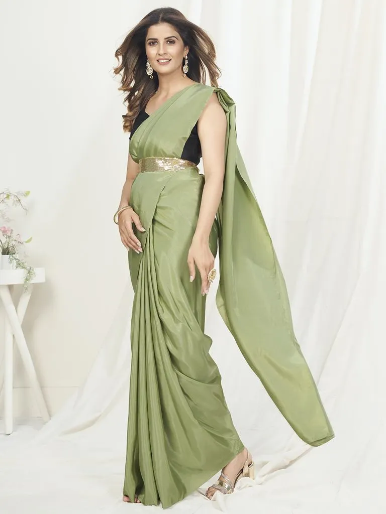 Tea Green Ready to Wear One Minute Saree In Satin Silk