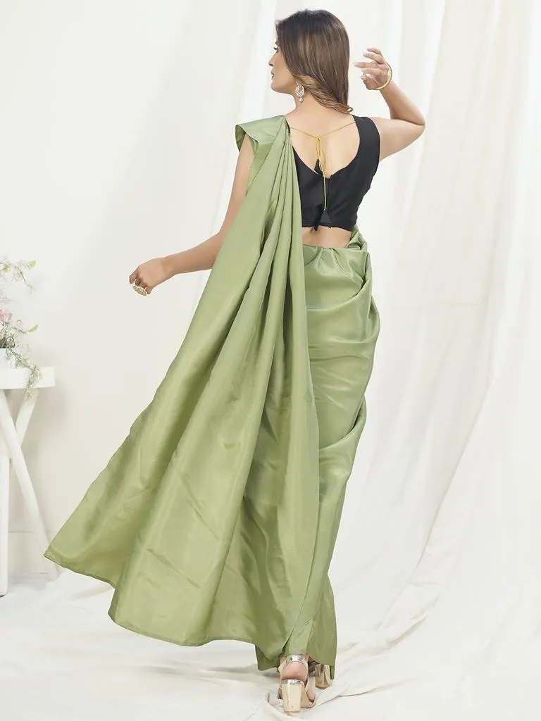 Tea Green Ready to Wear One Minute Saree In Satin Silk