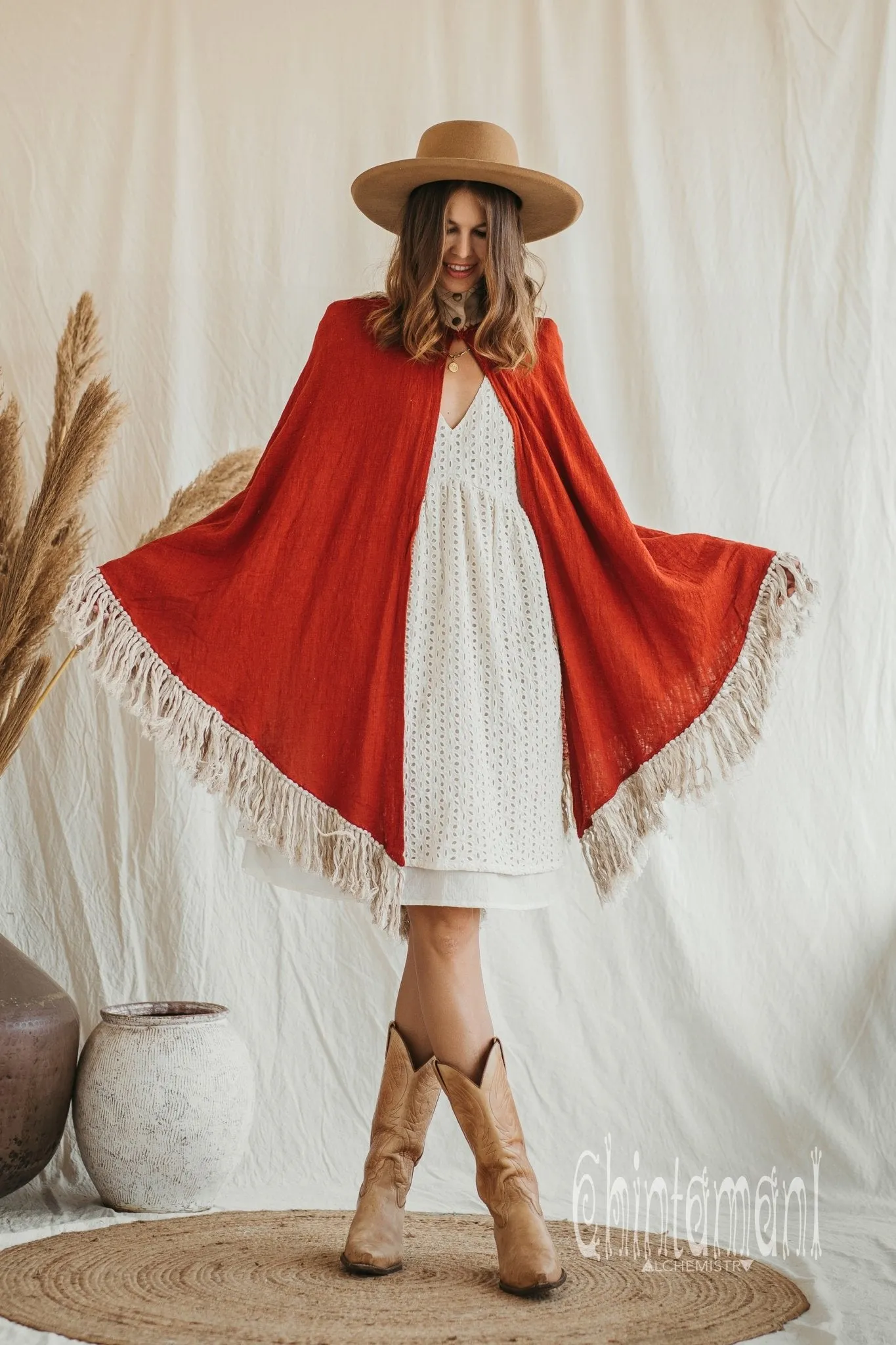 Thick and Thin Poncho / Soft Cotton   Cotton Canvas / Red Ochre