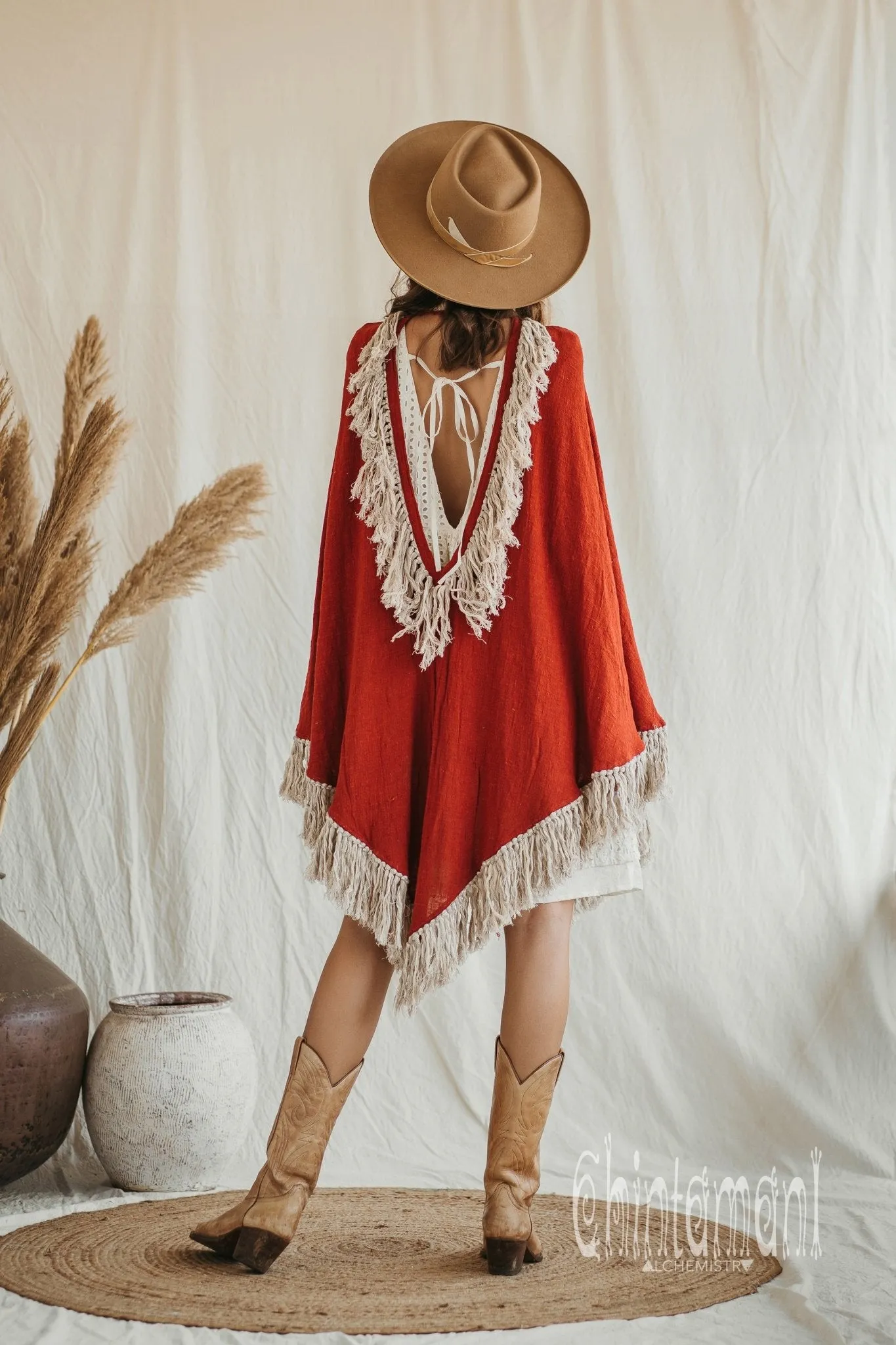 Thick and Thin Poncho / Soft Cotton   Cotton Canvas / Red Ochre