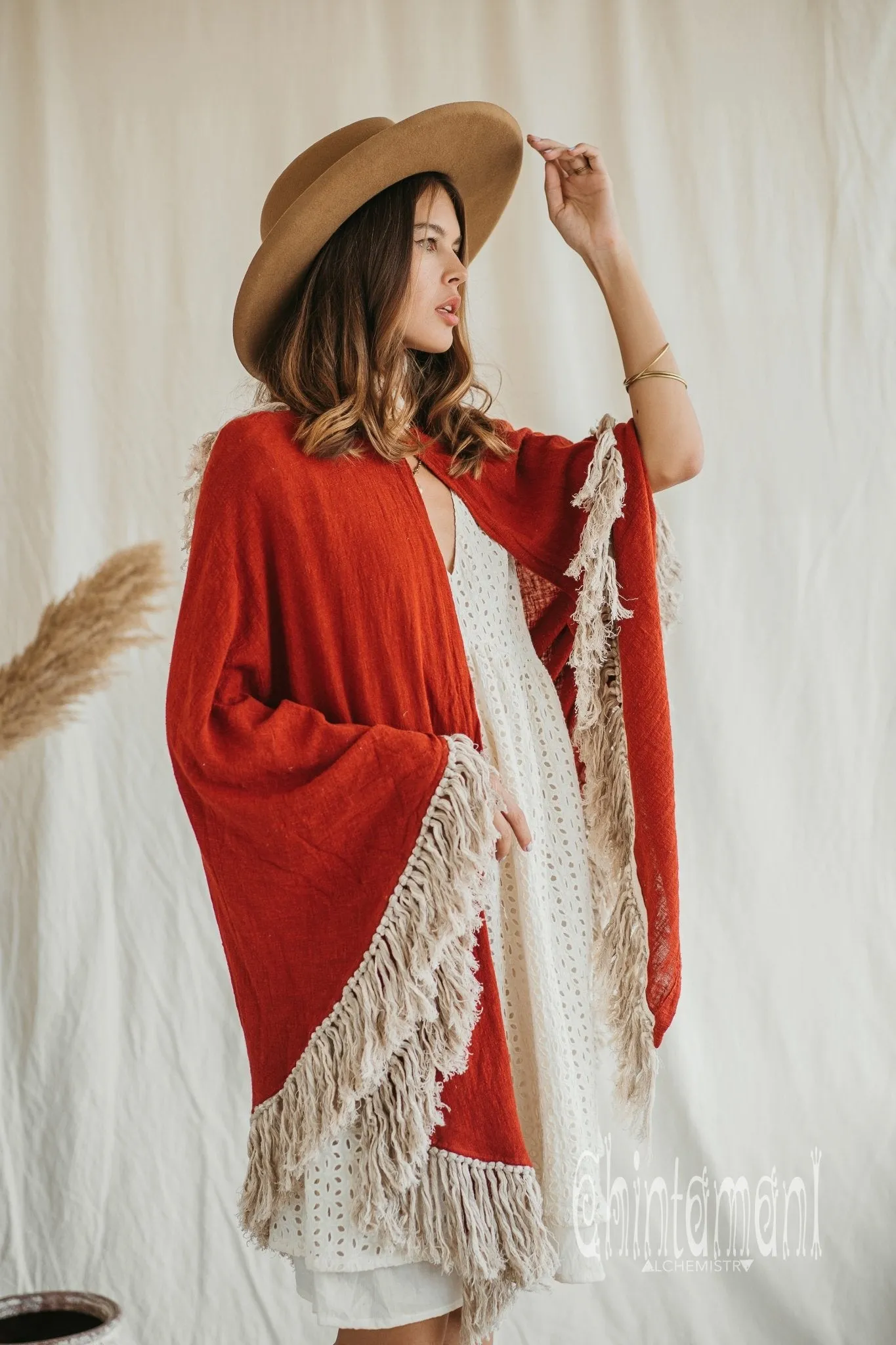 Thick and Thin Poncho / Soft Cotton   Cotton Canvas / Red Ochre