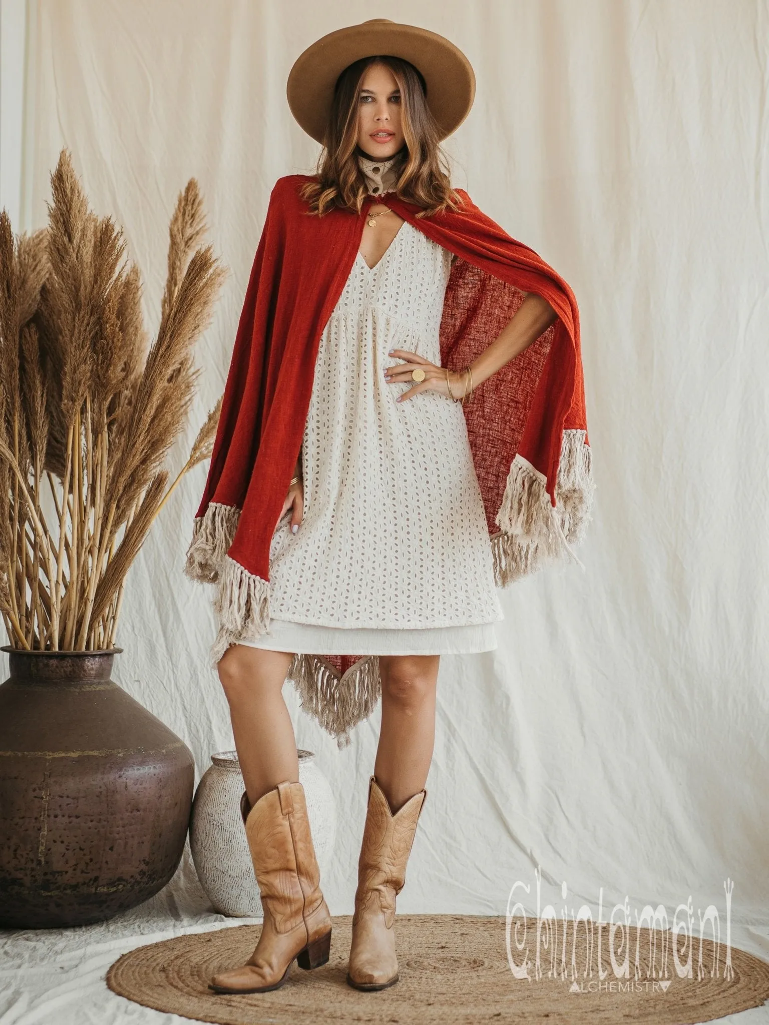 Thick and Thin Poncho / Soft Cotton   Cotton Canvas / Red Ochre