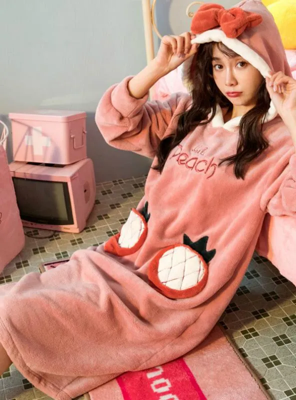 THICKENED CORAL FEECE WINTER LONG SLEEVE HOODED NIGHTDRESS