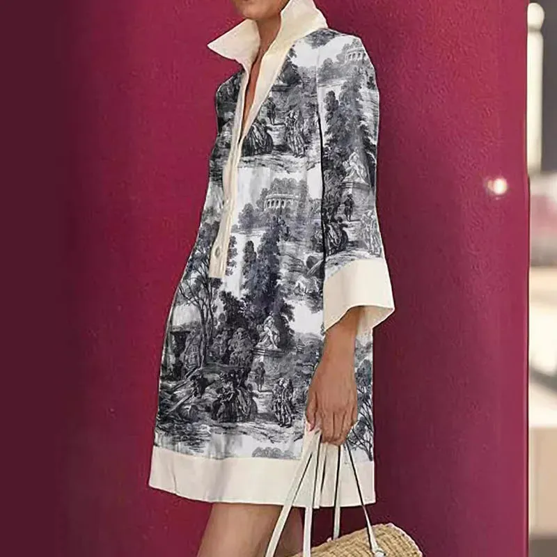 Turn-down Collar Long Sleeved Loose Spring Summer Pattern Printed Short Vintage Bohemian Button A-line Floral Ladies Dress