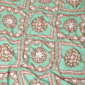 Turquoise green premium pure Italian silk satin fabric with multicolor print in floral design-D13742