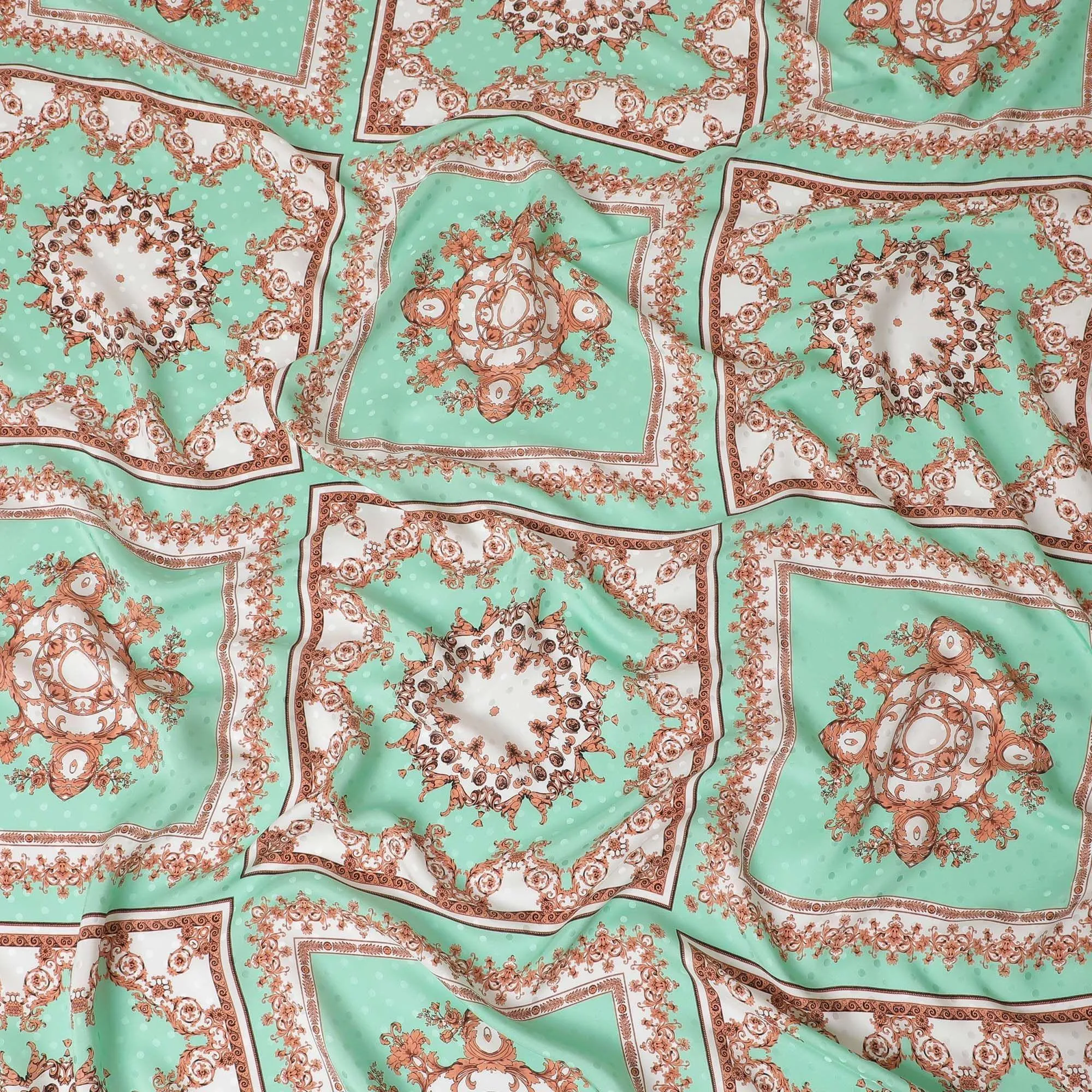 Turquoise green premium pure Italian silk satin fabric with multicolor print in floral design-D13742