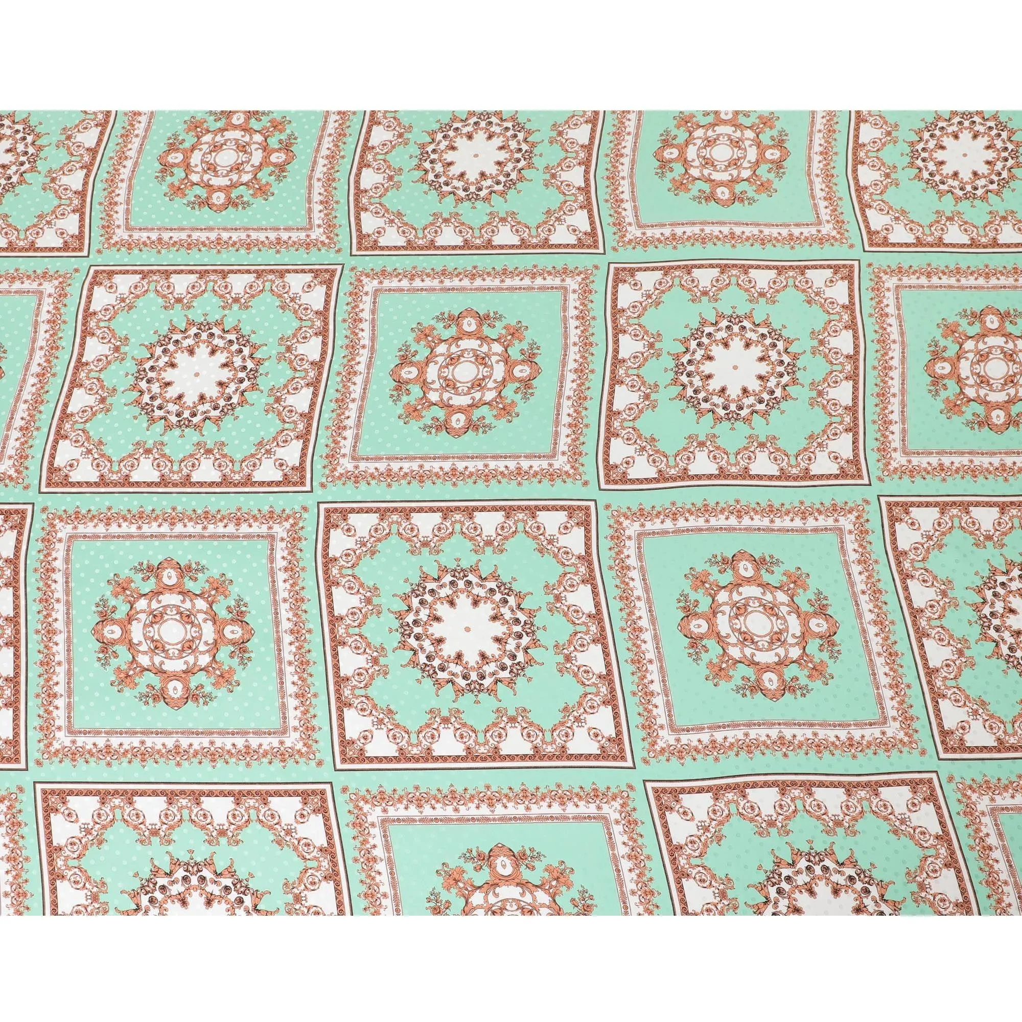 Turquoise green premium pure Italian silk satin fabric with multicolor print in floral design-D13742