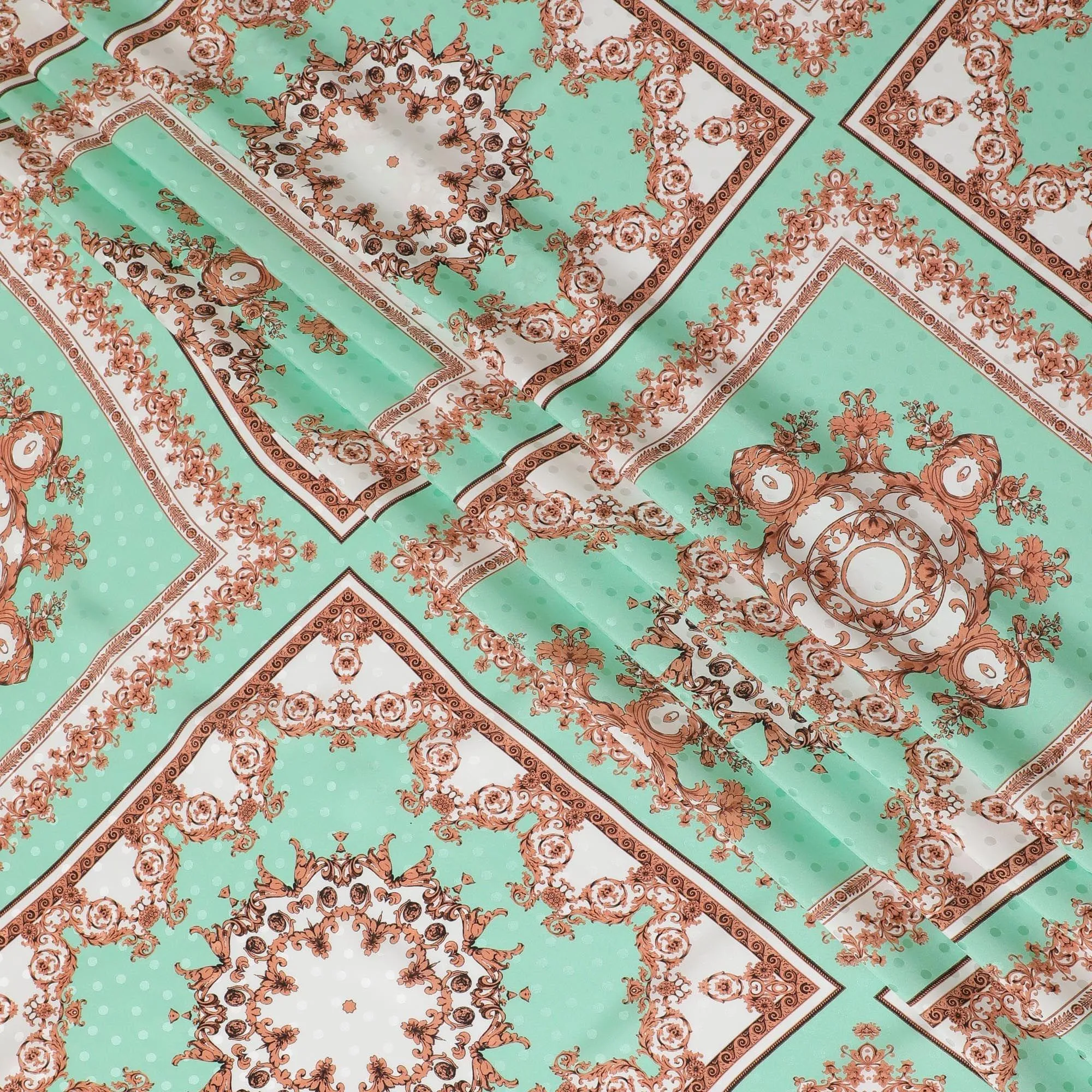 Turquoise green premium pure Italian silk satin fabric with multicolor print in floral design-D13742