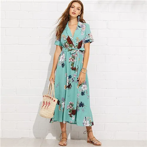 Turquoise Vacation Boho Bohemian Beach Notch Collar Wrap Front Belted Botanical Dress