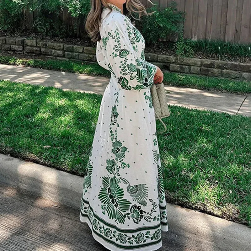 V-neck Party Long Fashion Long Sleeve Bohemian Commute Floral Printed Dress