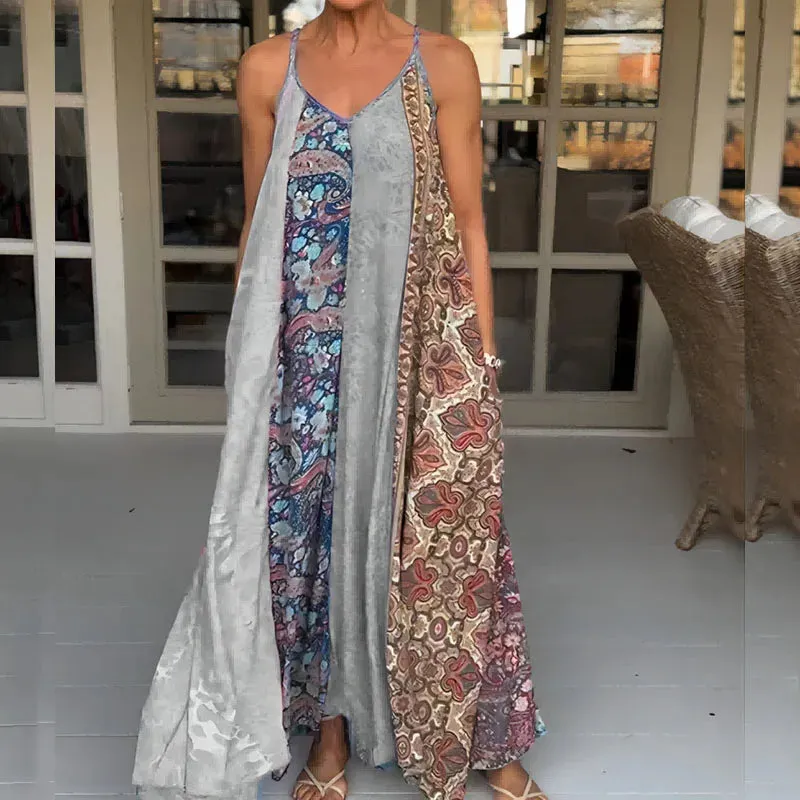 V Neck Patchwork Long Casual Loose Bohemian Floral Print Pocket Spaghetti Strap Summer Lady Dress