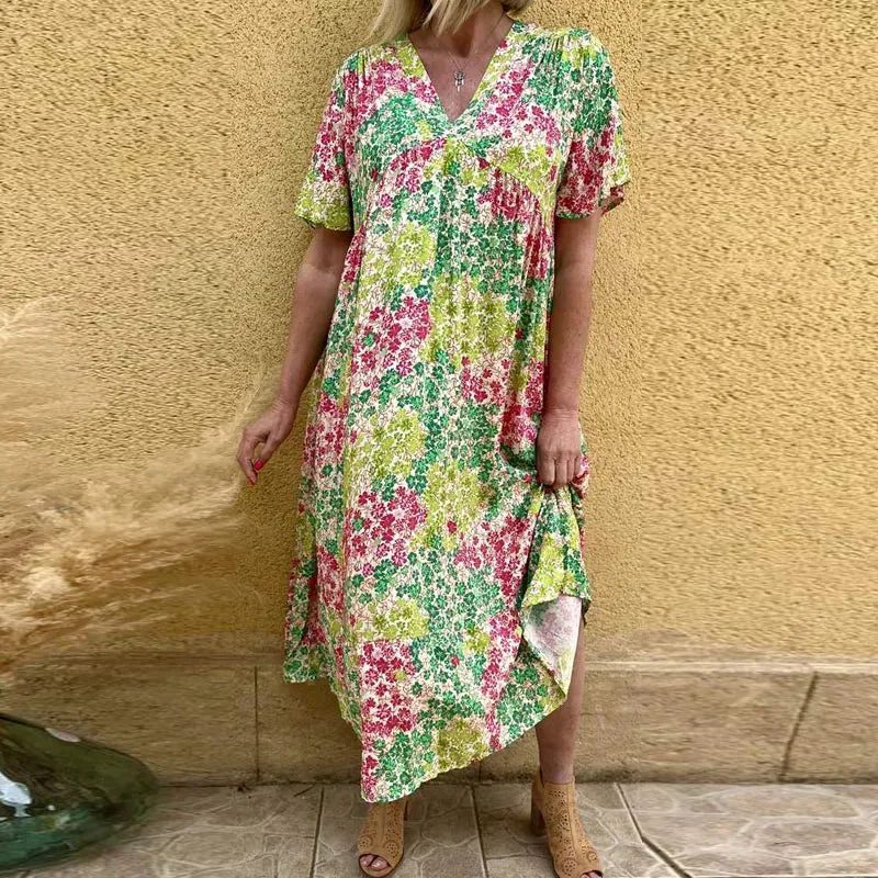 V-neck Short Sleeved Elegant Floral Print High Waist Long Summer Bohemian Dress