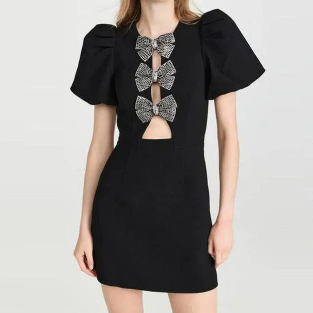 Vicky Puff Sleeve Front Bow Tie Embellishment Mini Dress