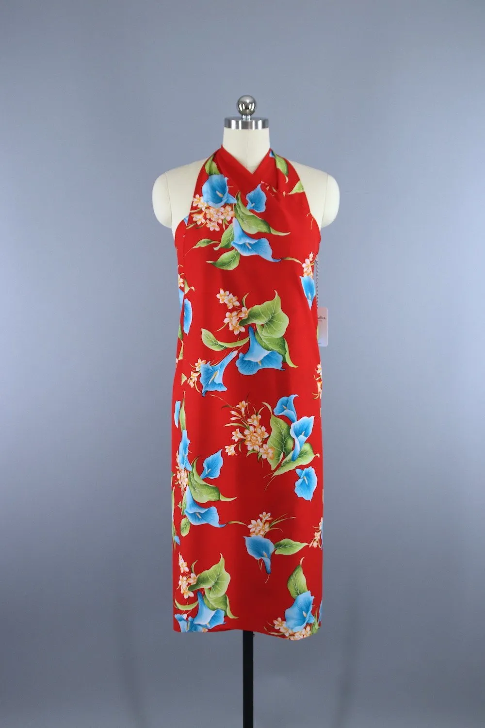 Vintage 1980s Hawaiian Hilo Hattie Red Floral Print Sarong Wrap Dress