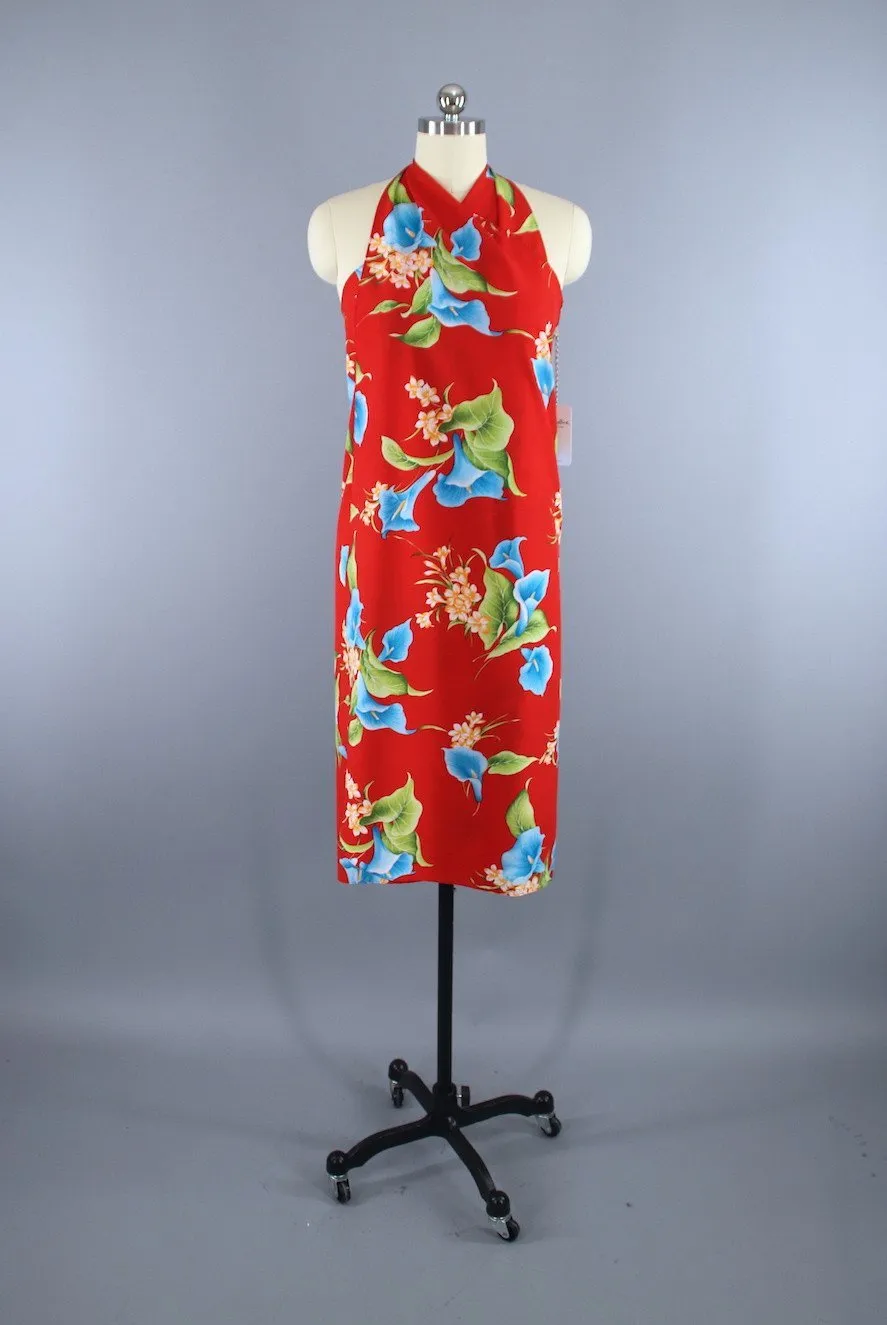 Vintage 1980s Hawaiian Hilo Hattie Red Floral Print Sarong Wrap Dress