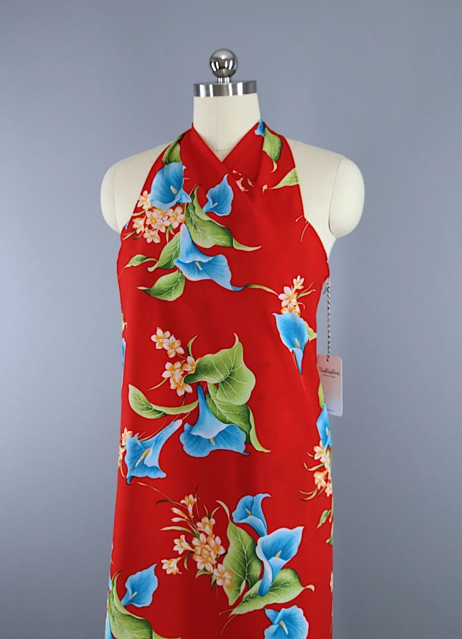 Vintage 1980s Hawaiian Hilo Hattie Red Floral Print Sarong Wrap Dress