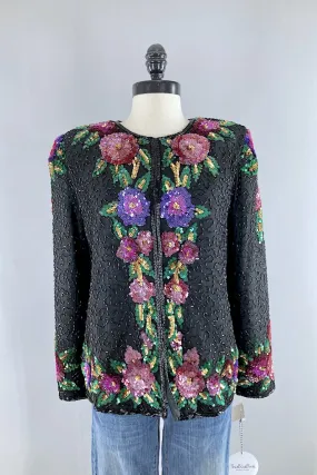 Vintage Black Sequined Silk Jacket with Original Tags