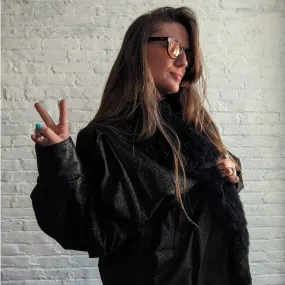 Vintage Genuine Leather Fur Black Snakeskin Lamb Biker Moto Duster Trench Coat