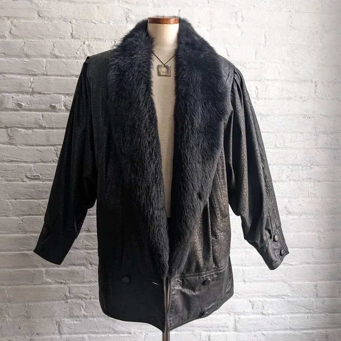 Vintage Genuine Leather Fur Black Snakeskin Lamb Biker Moto Duster Trench Coat