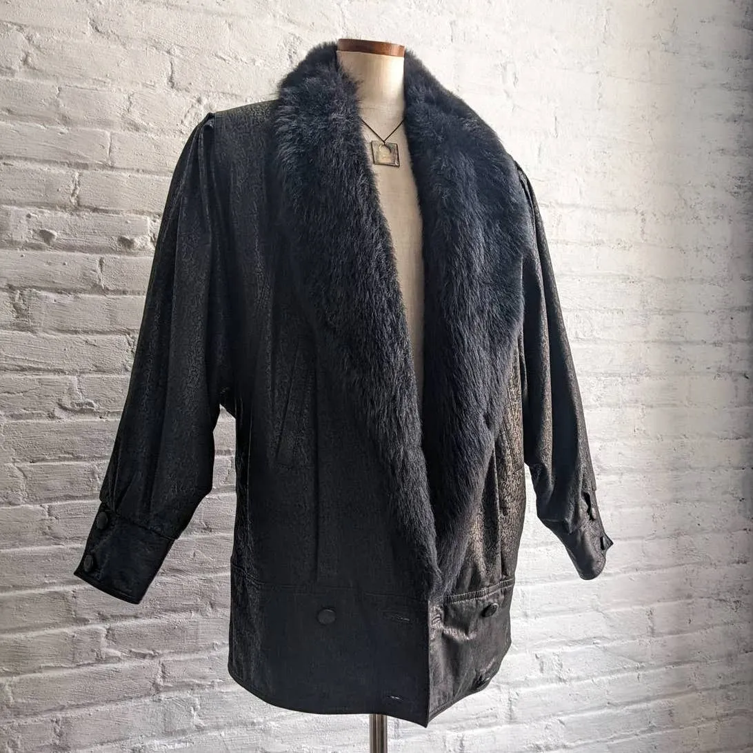 Vintage Genuine Leather Fur Black Snakeskin Lamb Biker Moto Duster Trench Coat