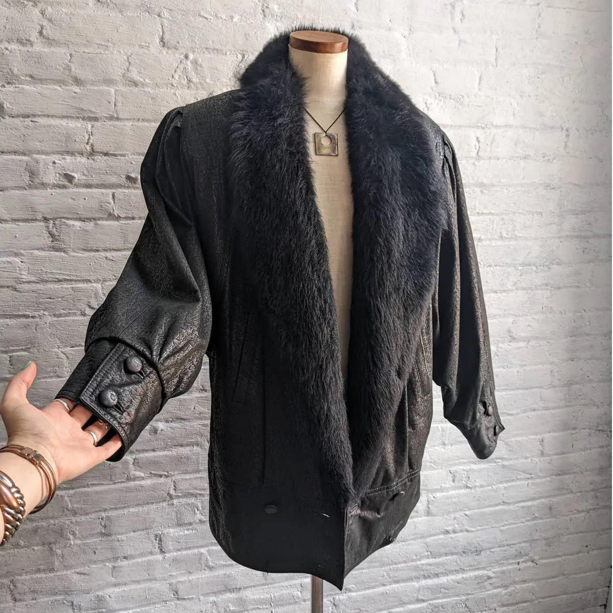 Vintage Genuine Leather Fur Black Snakeskin Lamb Biker Moto Duster Trench Coat