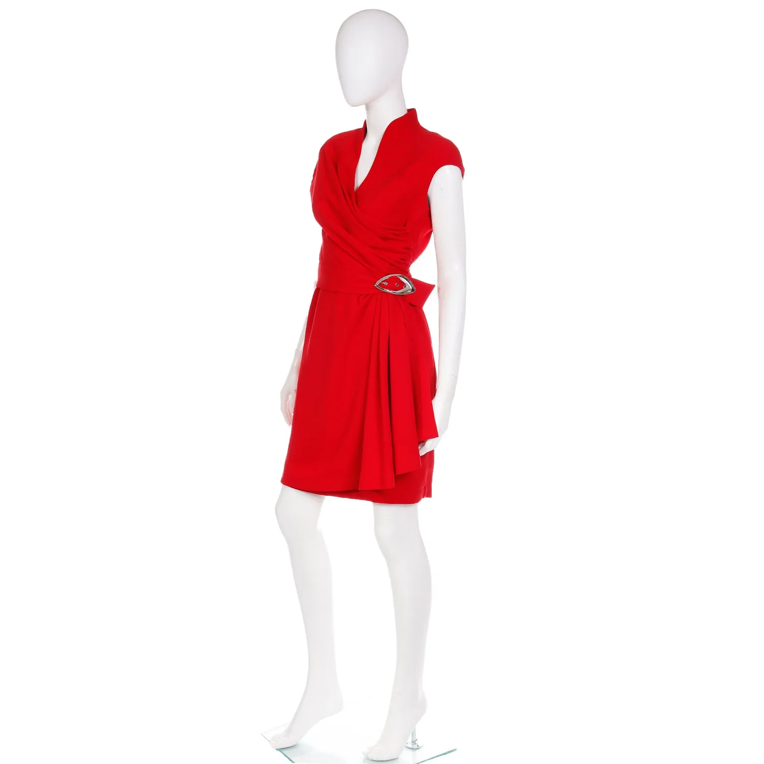 Vintage Thierry Mugler Cherry Red Sleeveless Wrap Dress W Drape & Silver Buckle