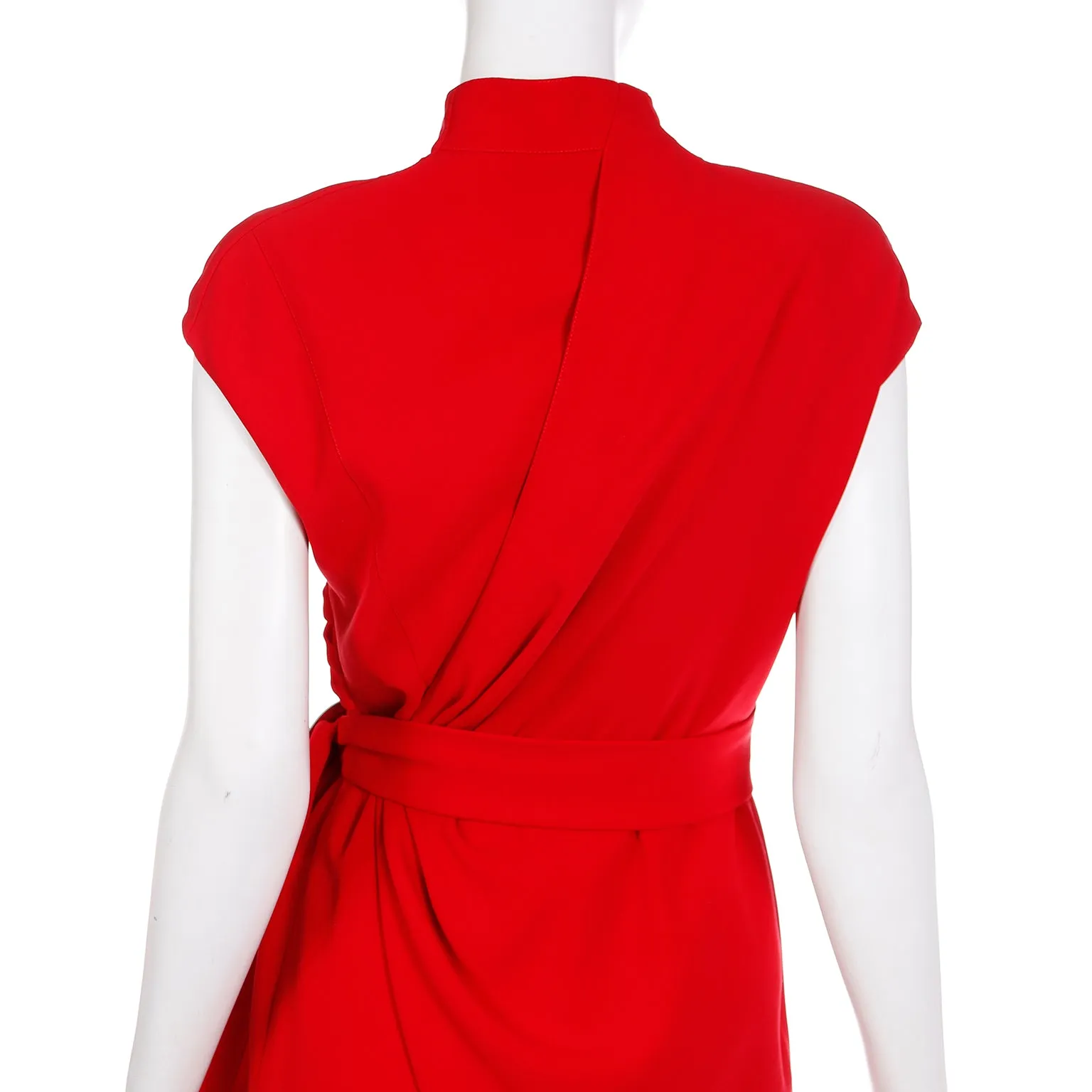 Vintage Thierry Mugler Cherry Red Sleeveless Wrap Dress W Drape & Silver Buckle