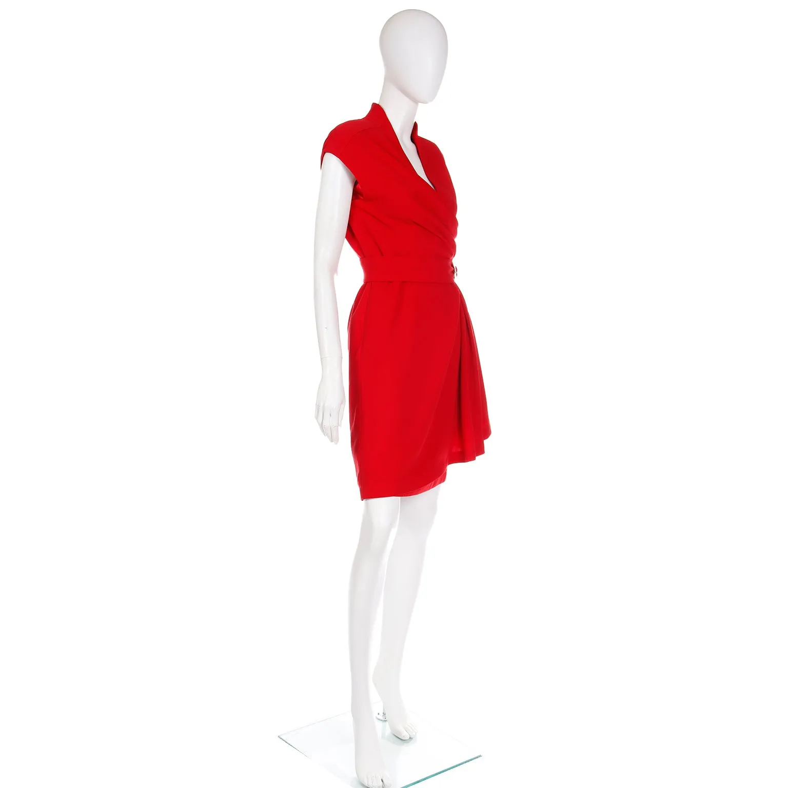 Vintage Thierry Mugler Cherry Red Sleeveless Wrap Dress W Drape & Silver Buckle