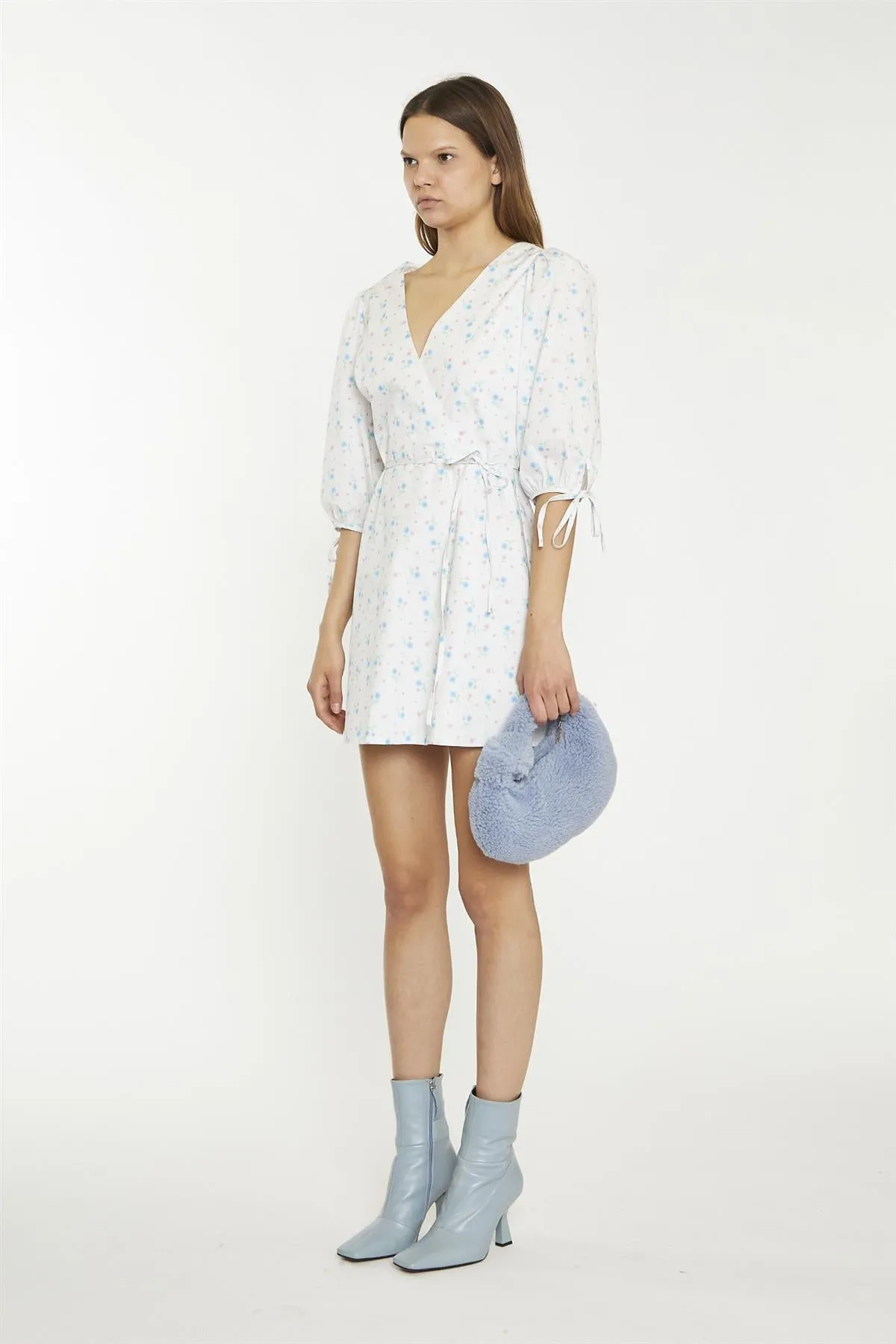 White-Blue-Pink Ditsy Wrap Tie Mini-Dress