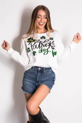 White 'St Patrick's Day' Sequin Graphic Sweatshirt