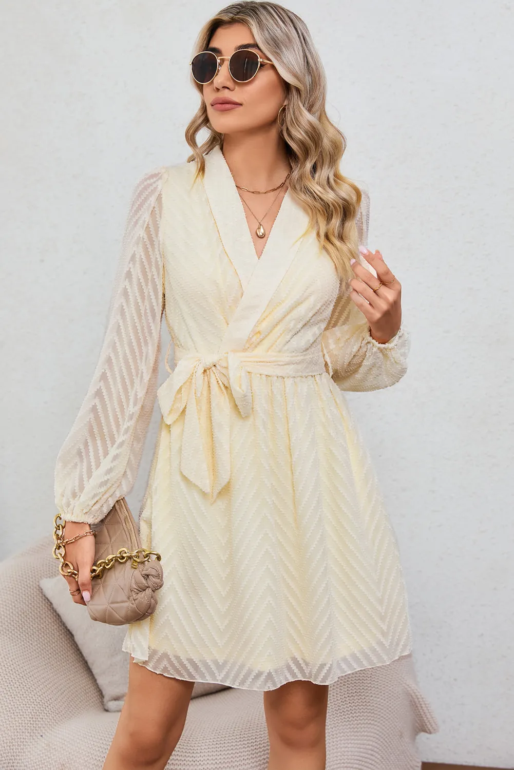 Wholesale Apricot Textured Wrap V Neck Waist Belted Long Sleeve Dress