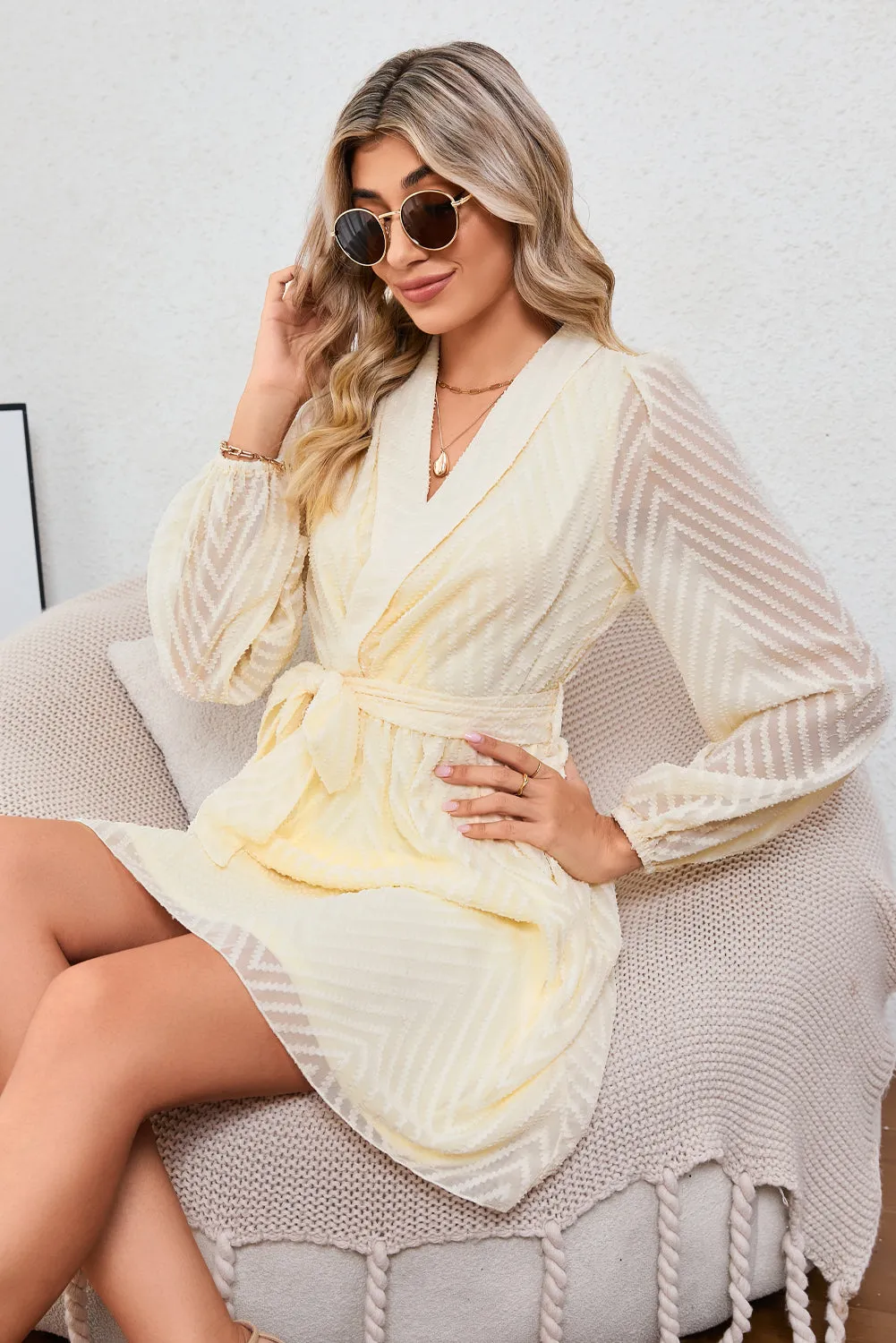 Wholesale Apricot Textured Wrap V Neck Waist Belted Long Sleeve Dress