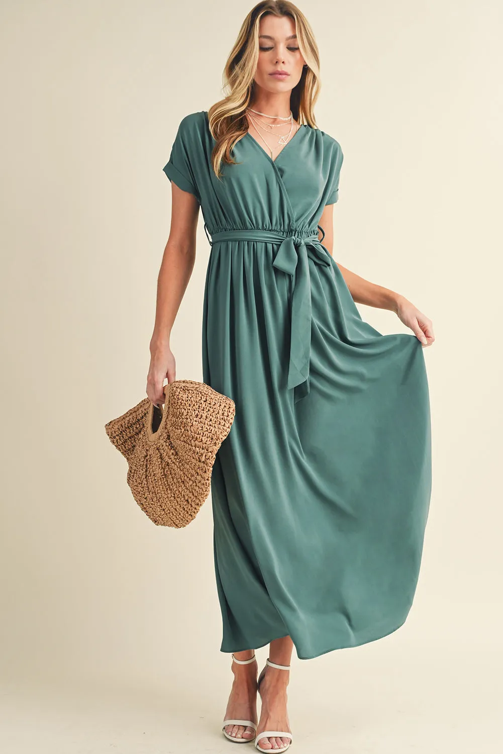 Wholesale Green Wrap V Neck Belted Pleated Maxi Dress