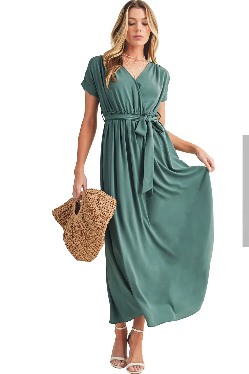 Wholesale Green Wrap V Neck Belted Pleated Maxi Dress