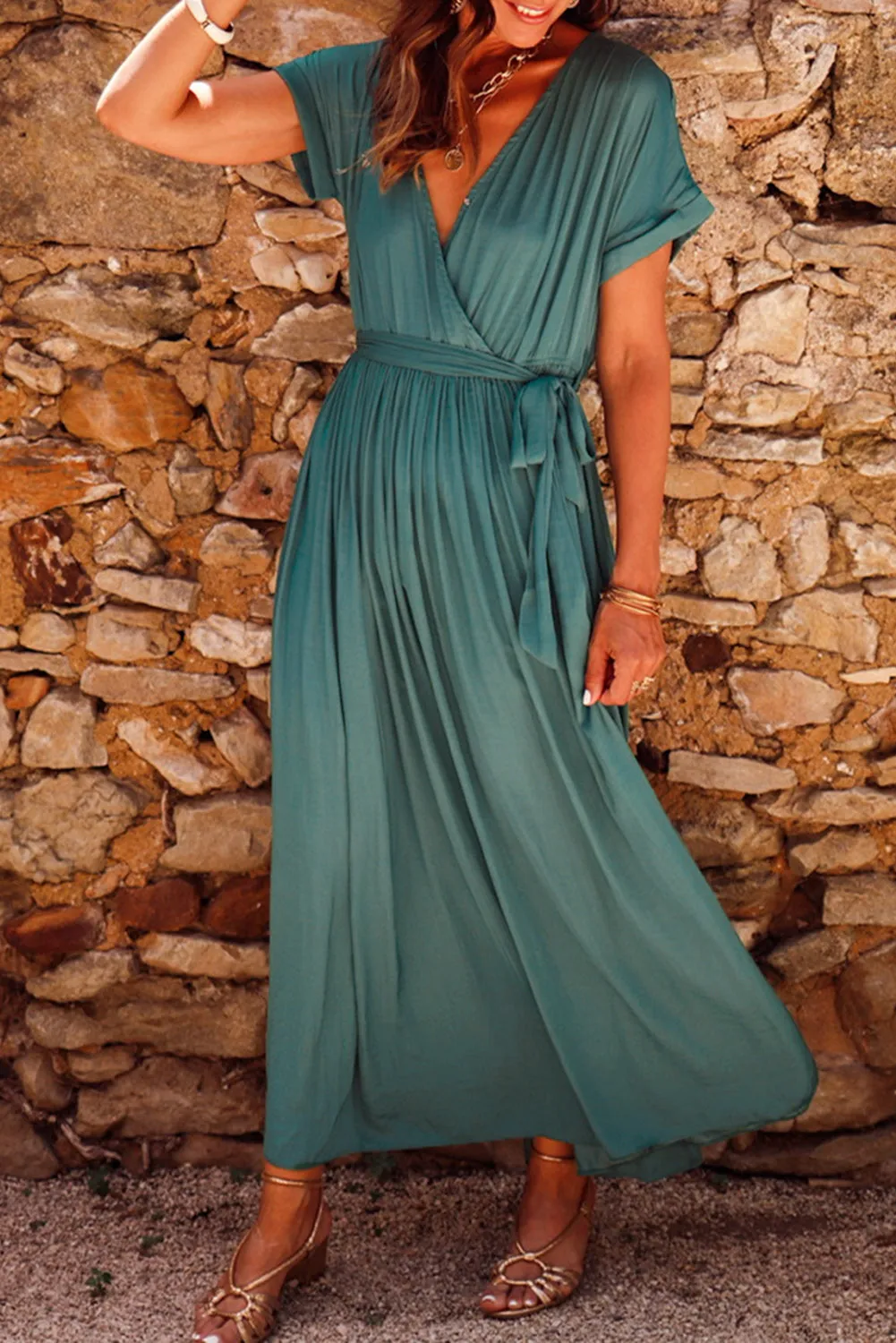 Wholesale Green Wrap V Neck Belted Pleated Maxi Dress